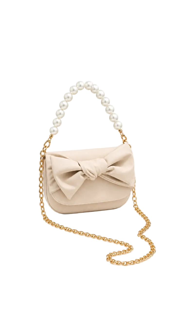 Beige Bow Accent Pearl Handle Shoulder Bag For Women 