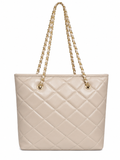 Beige Quilted Tote with Gold Chain Straps