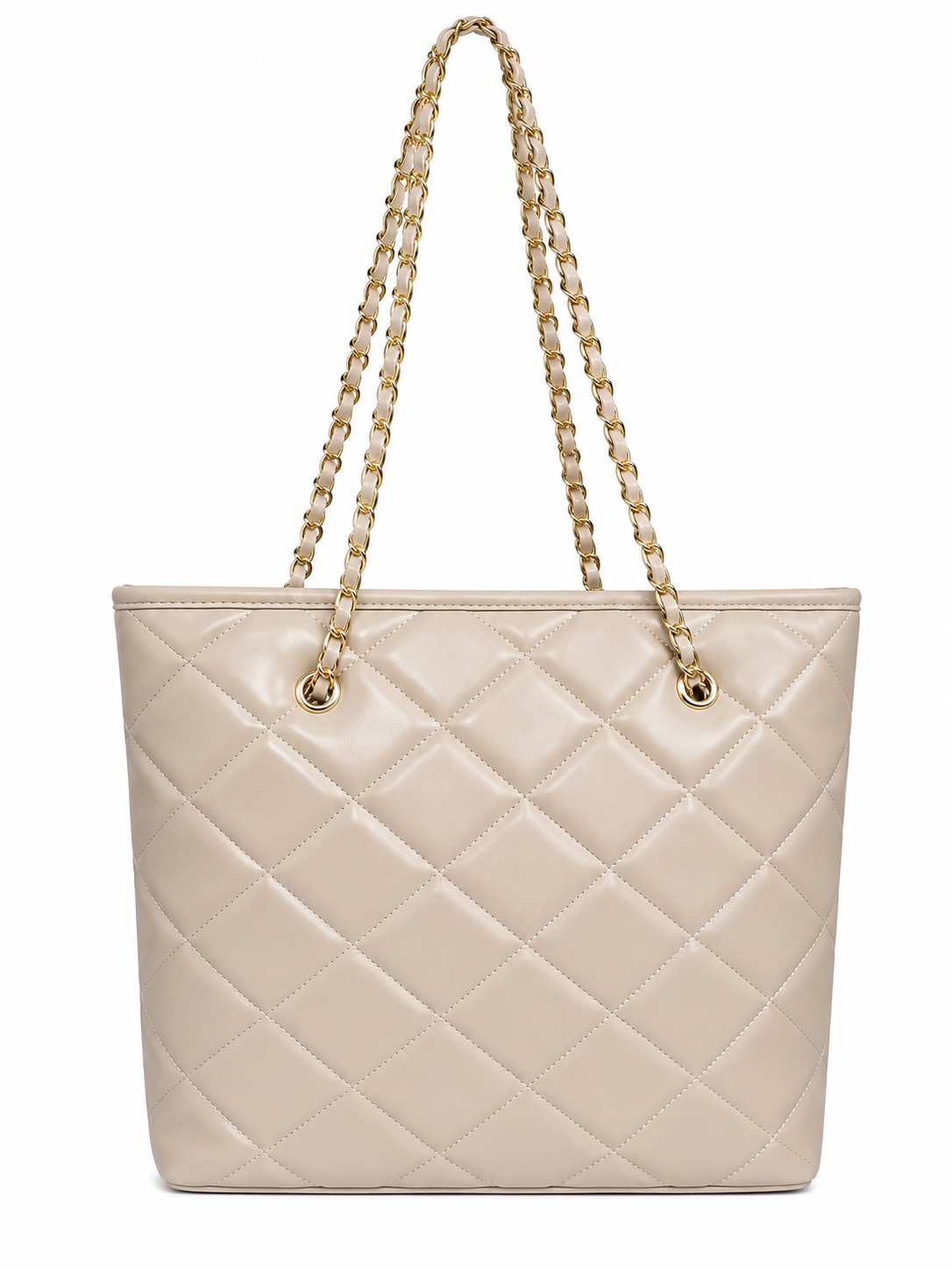 Beige Quilted Tote with Gold Chain Straps