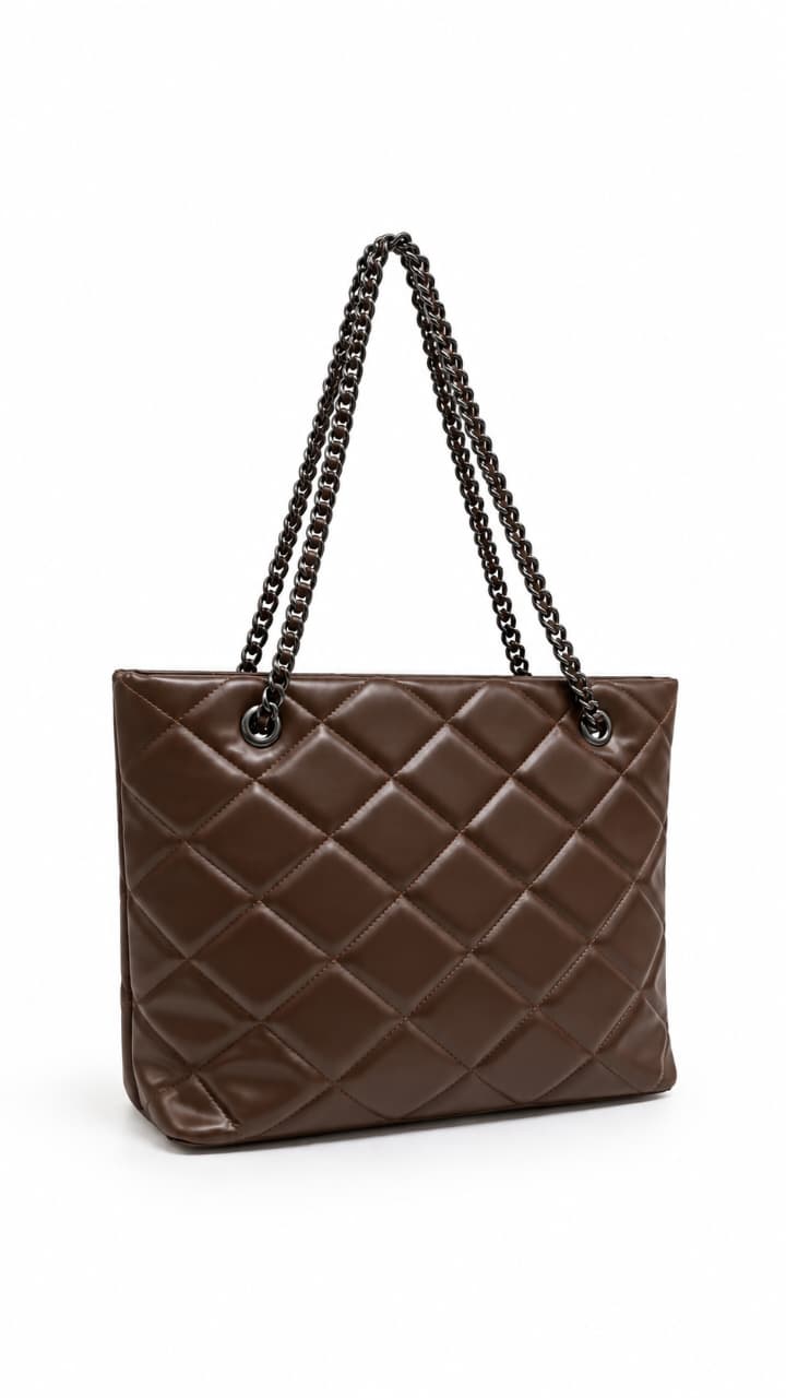 Brown Quilted Chain Tote Bag For Women 