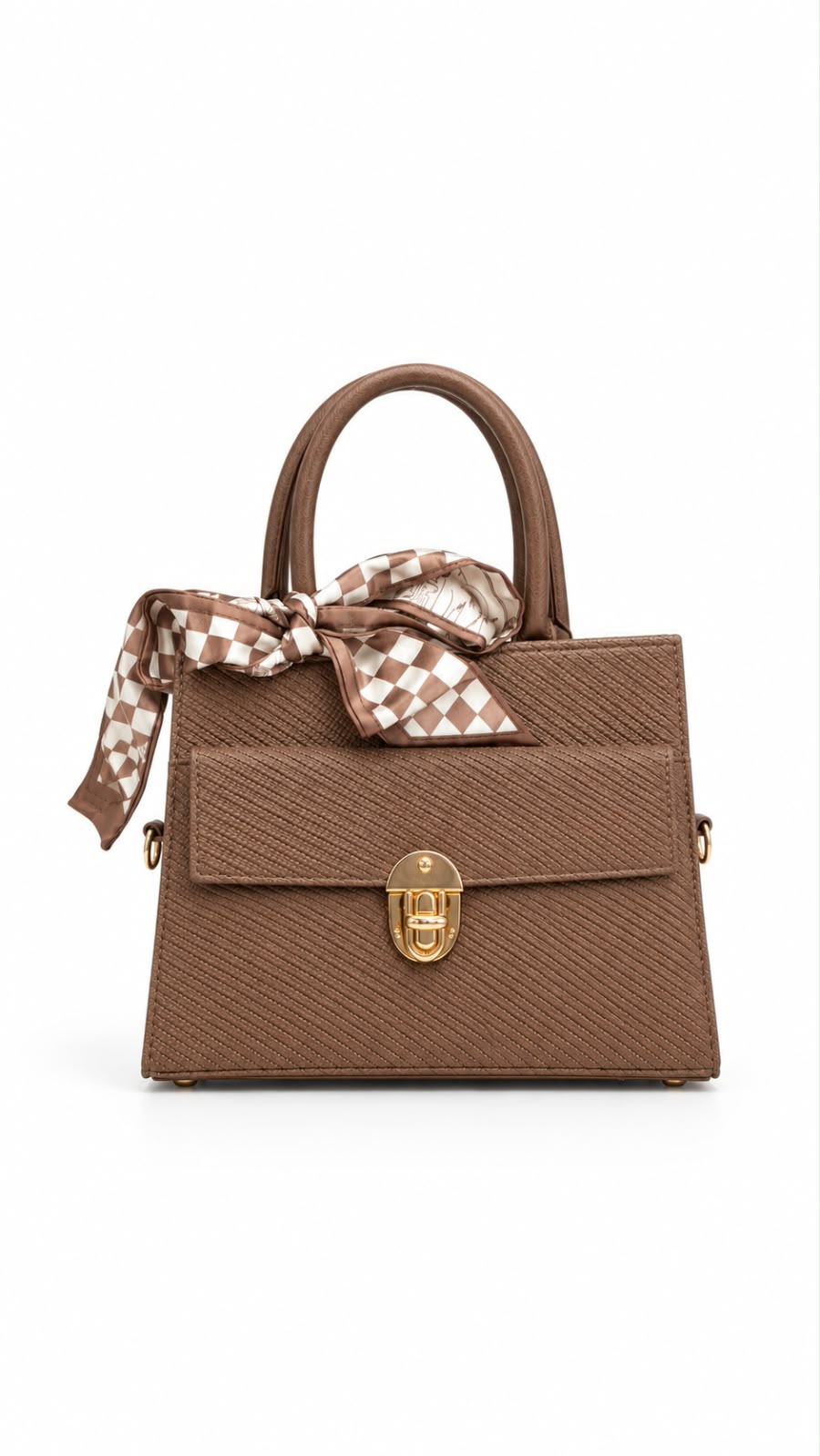Brown Textured Top Handle Bag For Women 