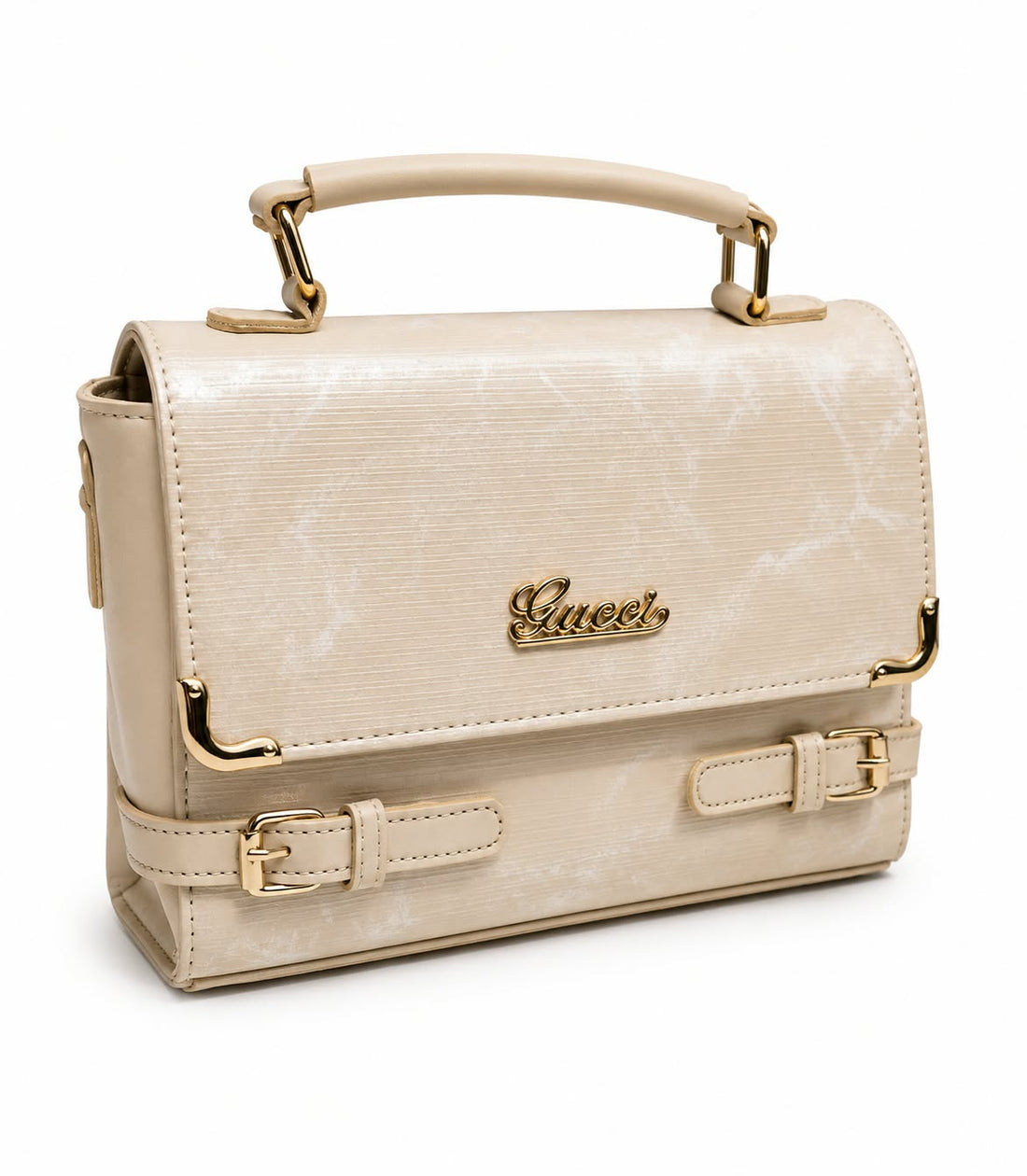 Cream Marble Finish Buckle Satchel Bag For Women