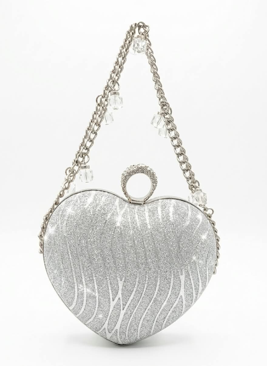 Glitter Heart-Shaped Clutch & Chain Crossbody Bag for Women