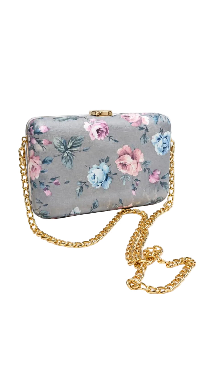 Grey Floral Print Box Clutch For Women 