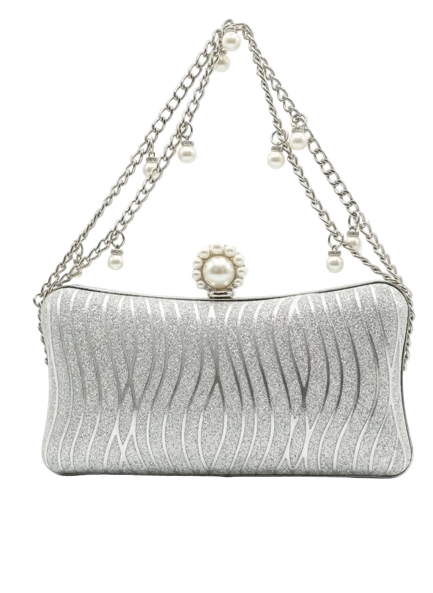 Pearl Clasp Shimmer Hard-Case Evening Clutch & Chain Bag for Women