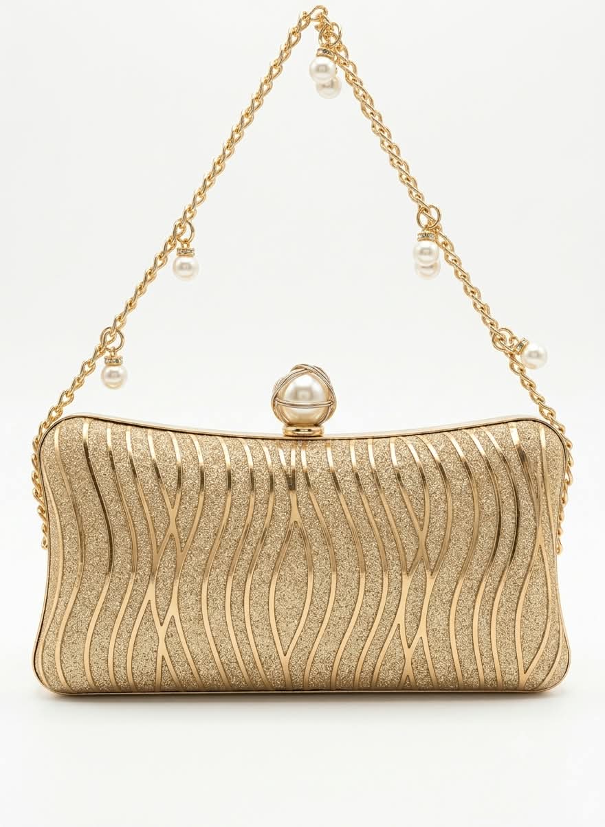 Pearl Clasp Shimmer Hard-Case Evening Clutch & Chain Bag for Women
