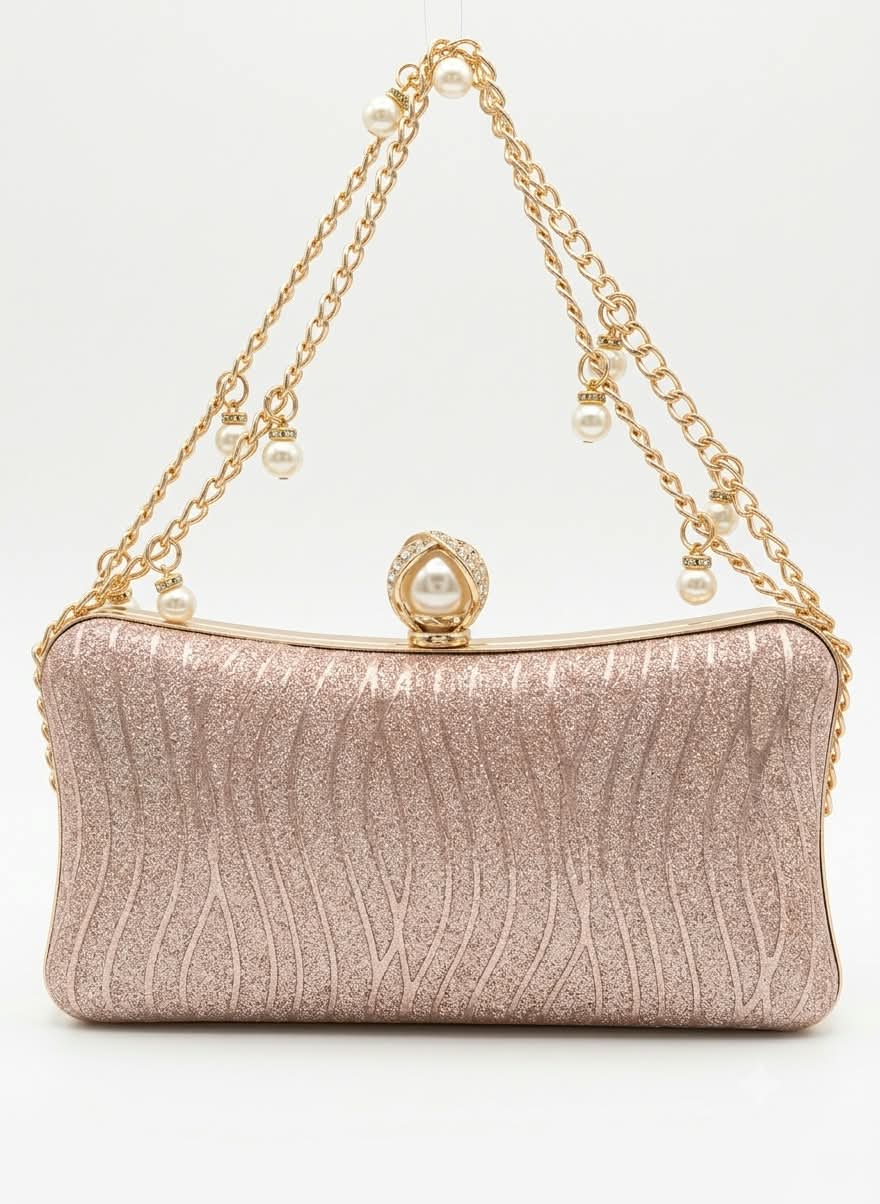 Pearl Clasp Shimmer Hard-Case Evening Clutch & Chain Bag for Women