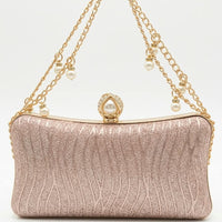 Pearl Clasp Shimmer Hard-Case Evening Clutch & Chain Bag for Women