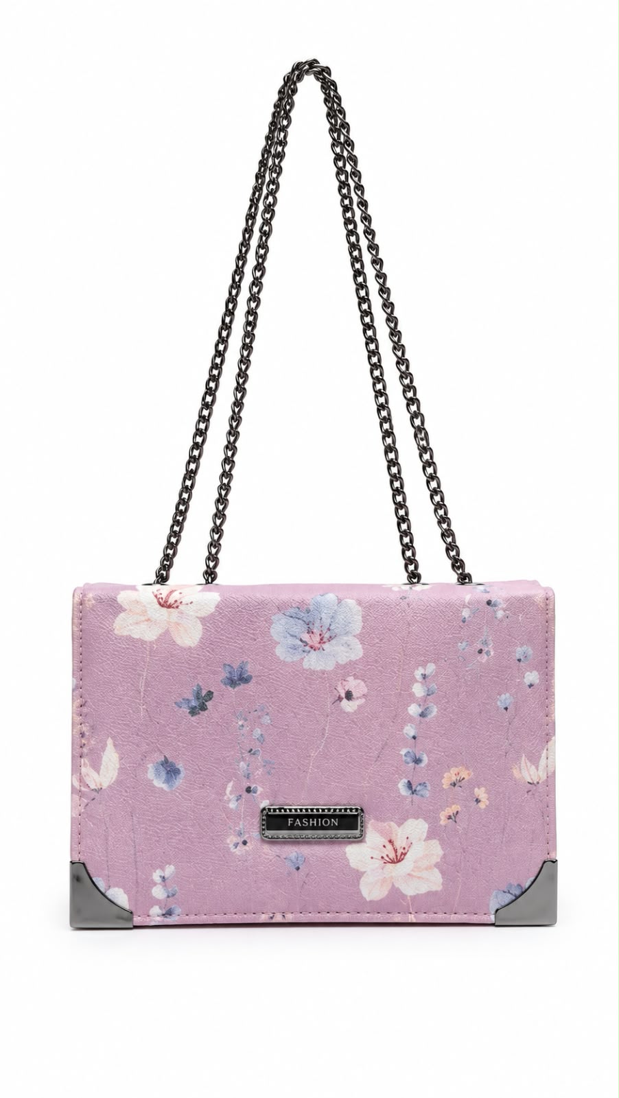 Pink Floral Print Chain Shoulder Bag For Women 