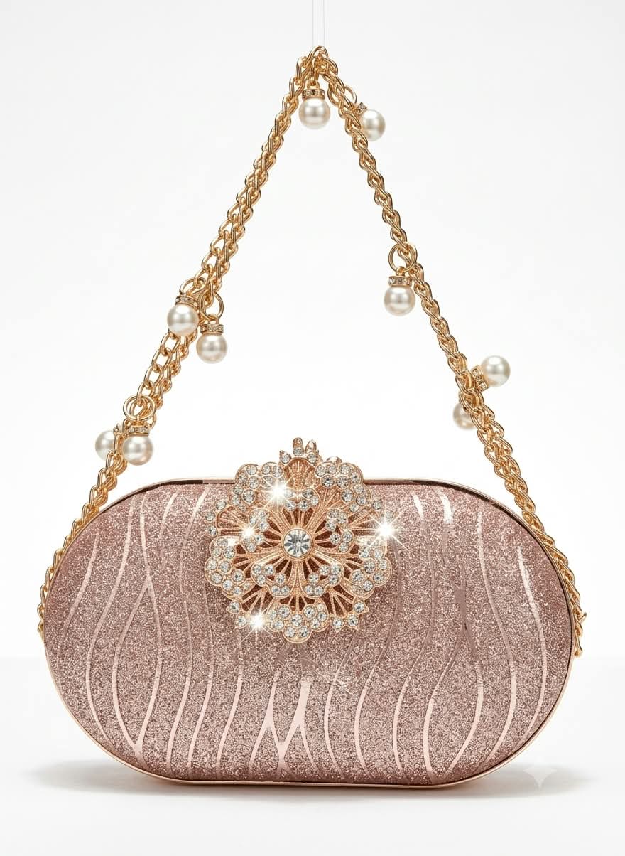 Rhinestone Floral Clasp Shimmer  Clutch & Chain Bag for Women