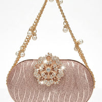 Rhinestone Floral Clasp Shimmer  Clutch & Chain Bag for Women