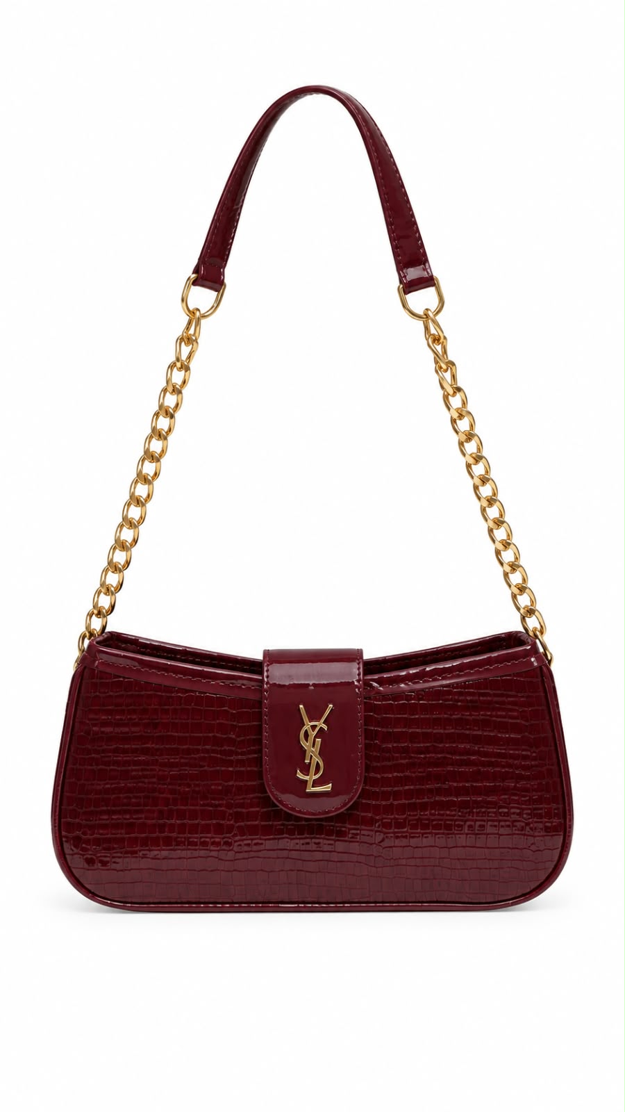 Saint Laurent Maroon Patent Chain Shoulder Bag For Women 