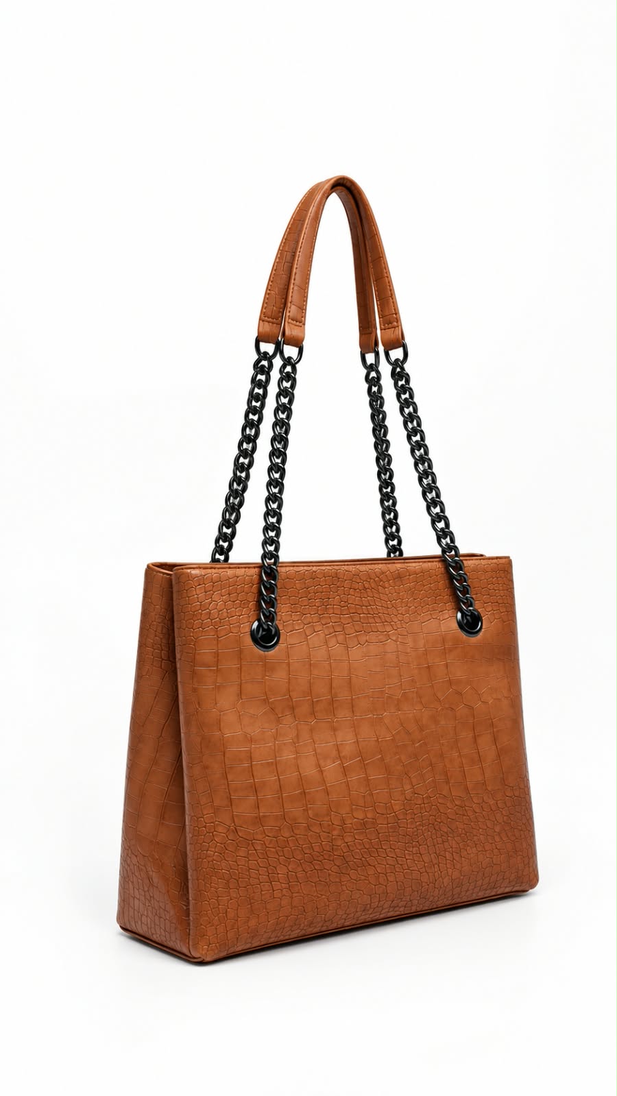 Tan Brown Crocodile Texture Chain Tote Bag For Women 