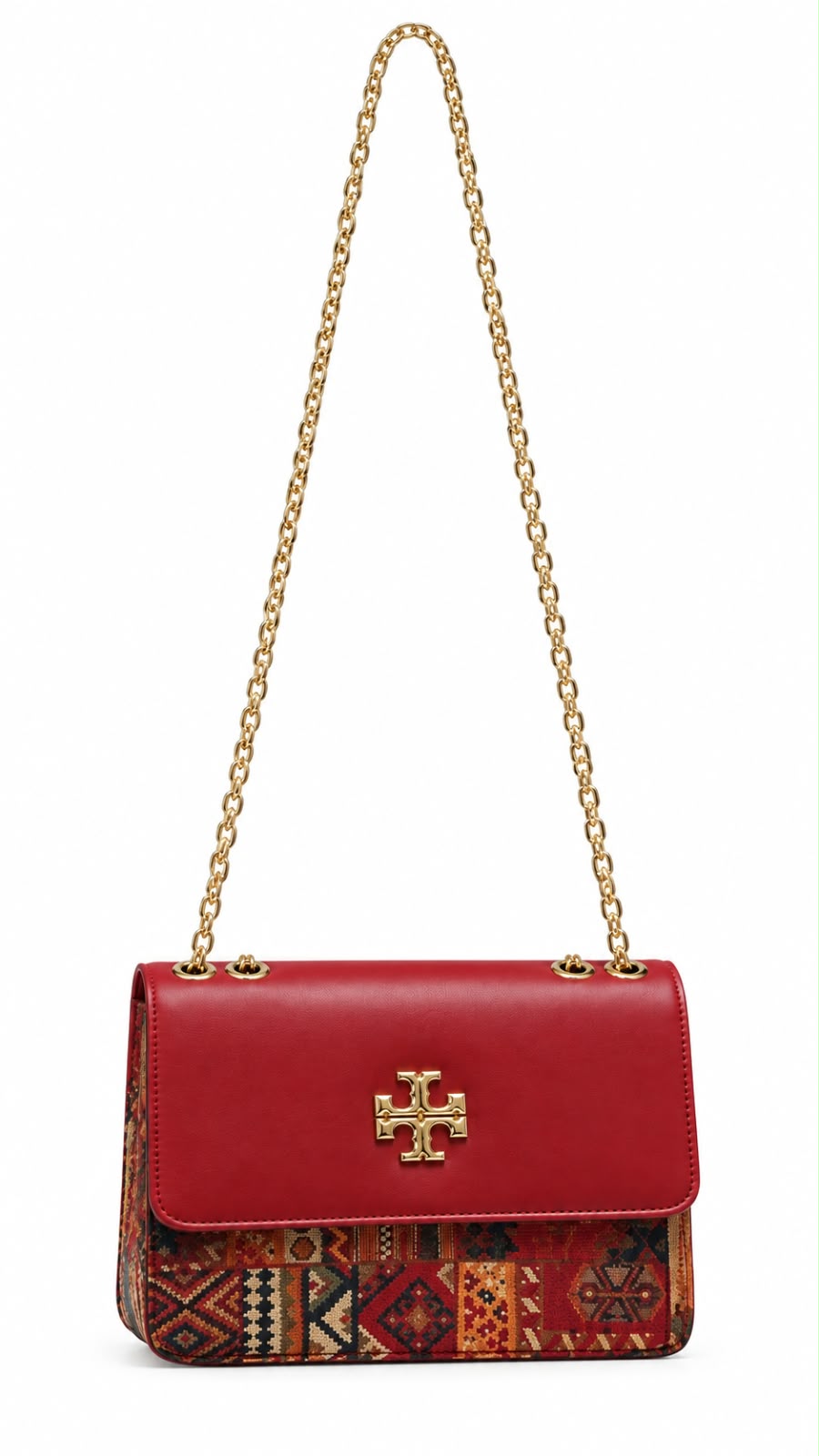 Tory Burch Red Ethnic Print Chain Strap Shoulder Bag For Women