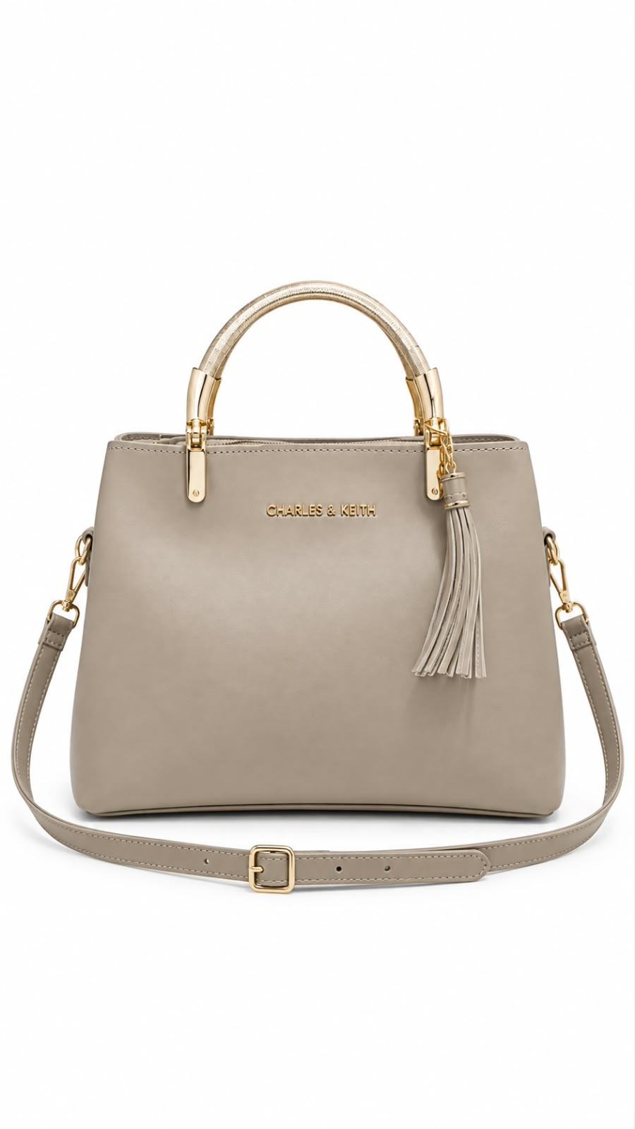 Charles & Keith Taupe Metal Handle Tassel Handbag For Women
